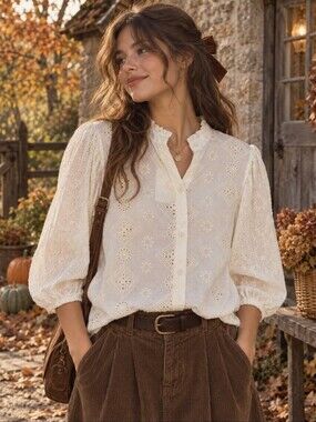 Cottagecore Cream Embroidered  Eyelet 3/4 Puff Sleeves Blouse Size Medium